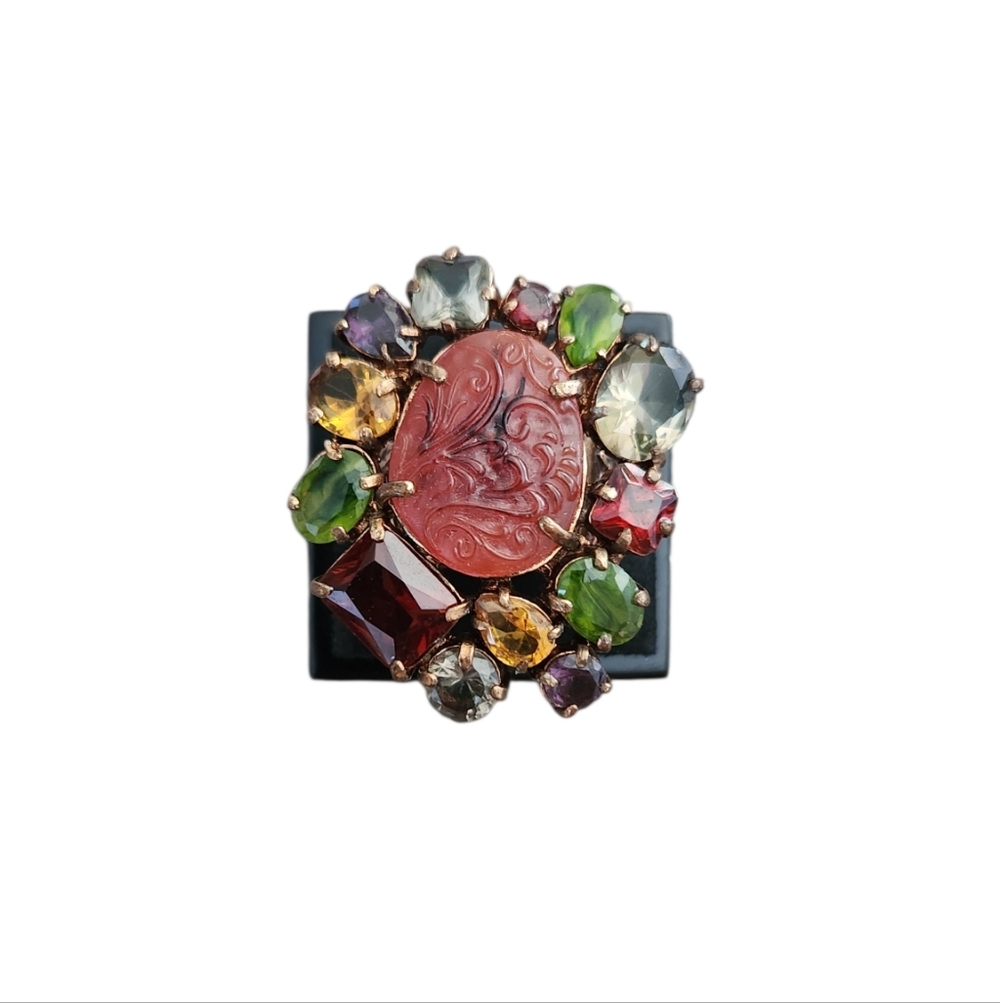 Size 8.5 Bronze Toned Multicolor Carved Stone Cocktail Ring
